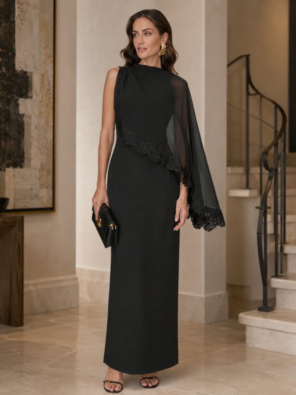 Donna Karan Black Chiffon Cape Overlay Gown Size 12 NWT Formal Dress